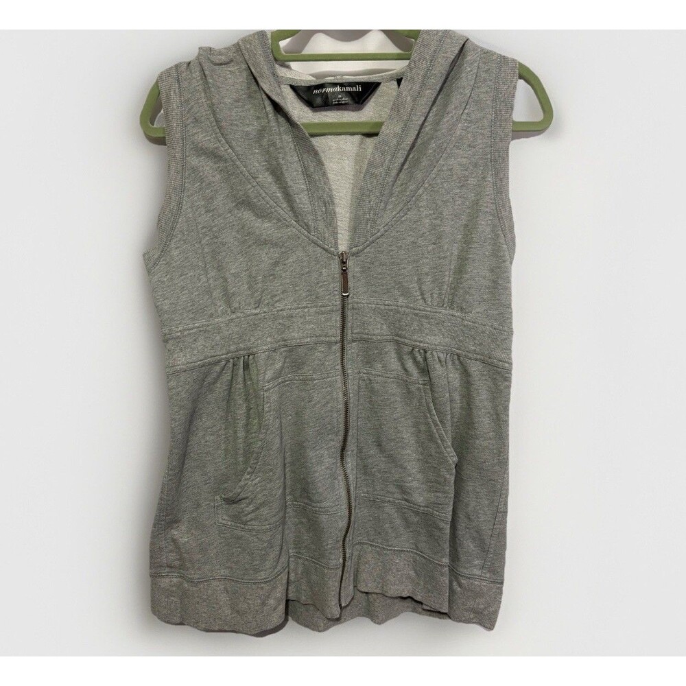 Norma Kamali Womens Sz M Hooded Sleeveless‎ Zip Up Gray Top Jacket Athleisure